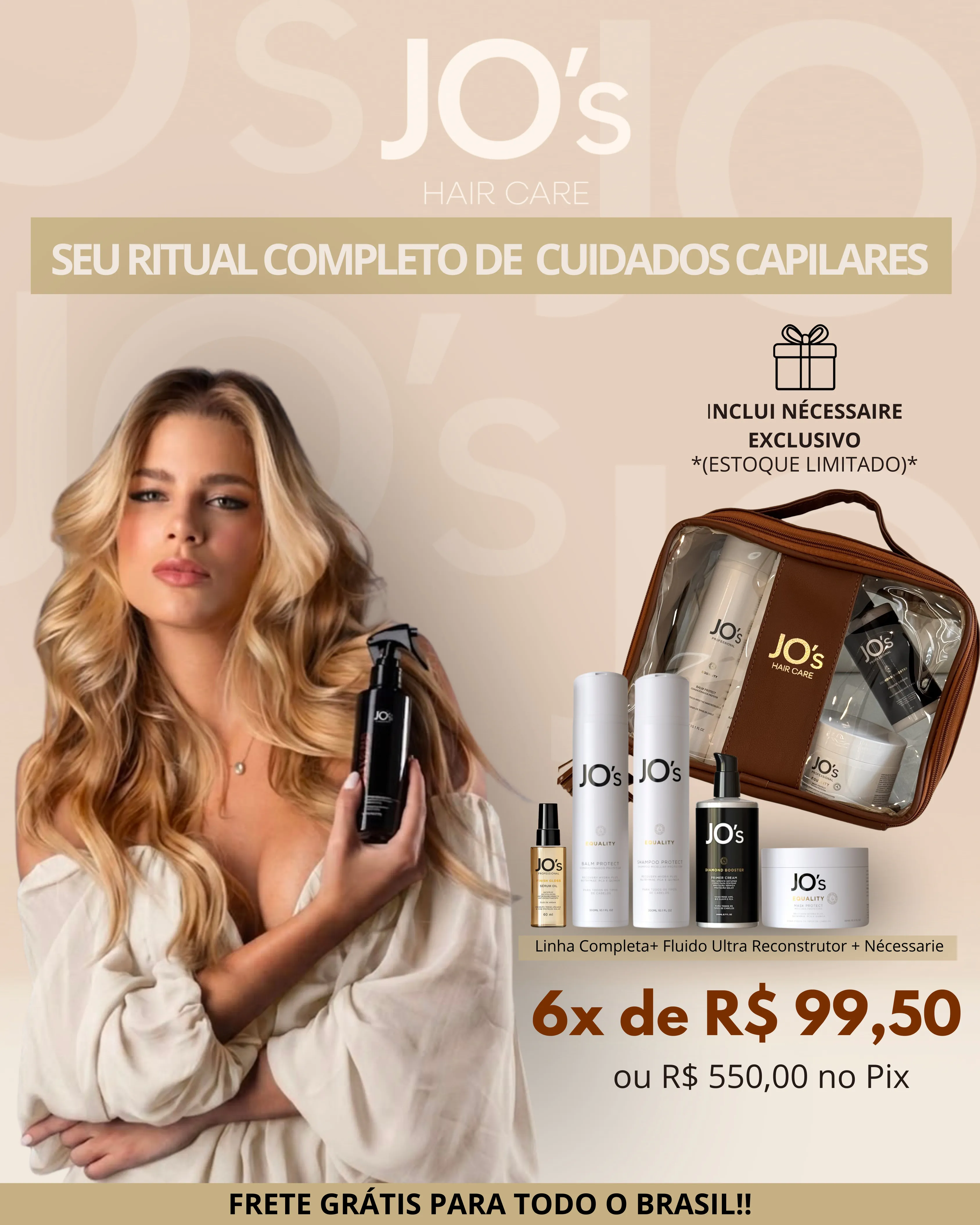 Kit de tratamento capilar profissional completo JO's Hair Care com shampoo, condicionador, máscara e finalizadores organizados ao lado de uma nécessaire exclusiva.