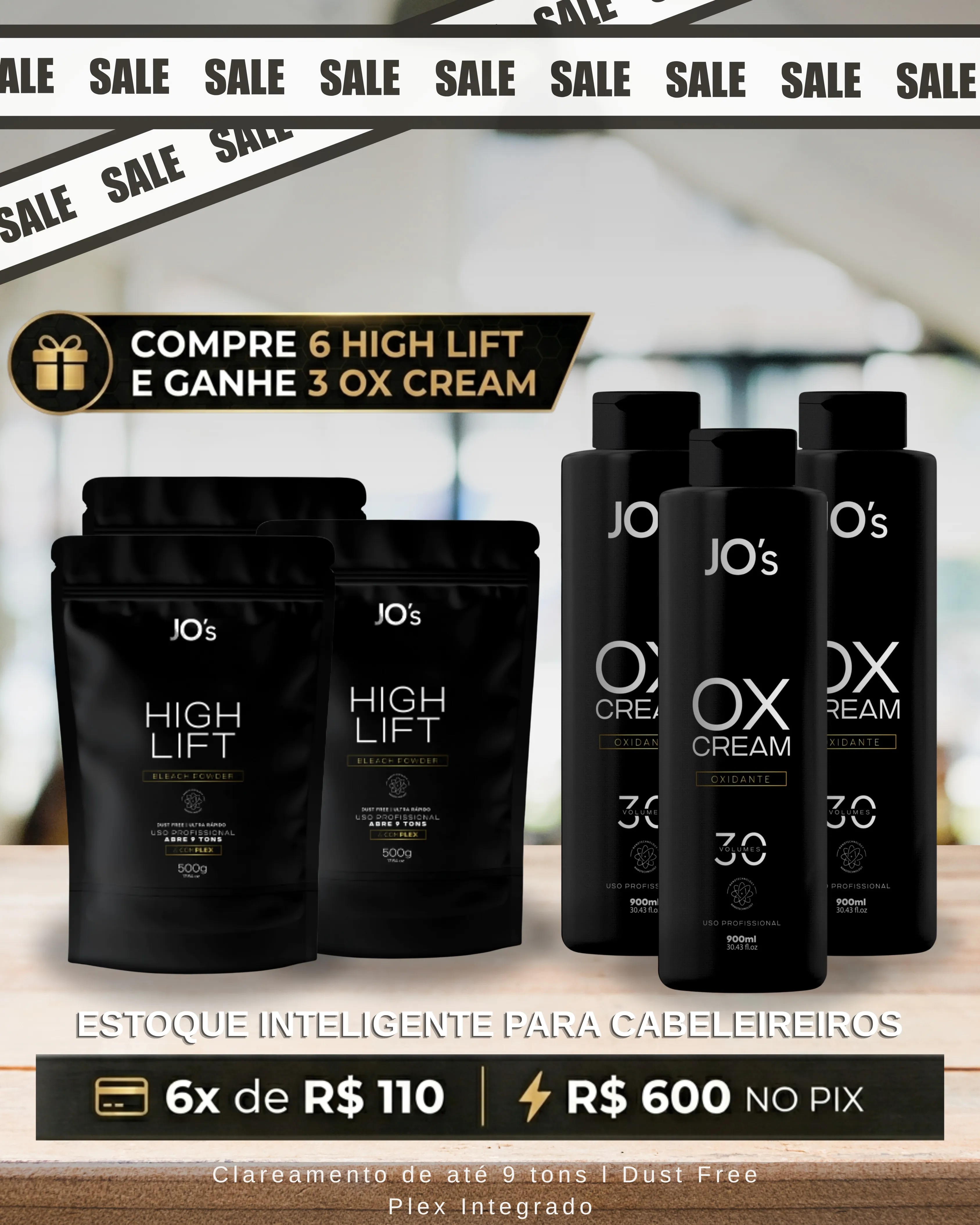 Pó descolorante profissional combo High Lift e OX Cream da marca JO's Professional alinhados em fundo minimalista escuro.